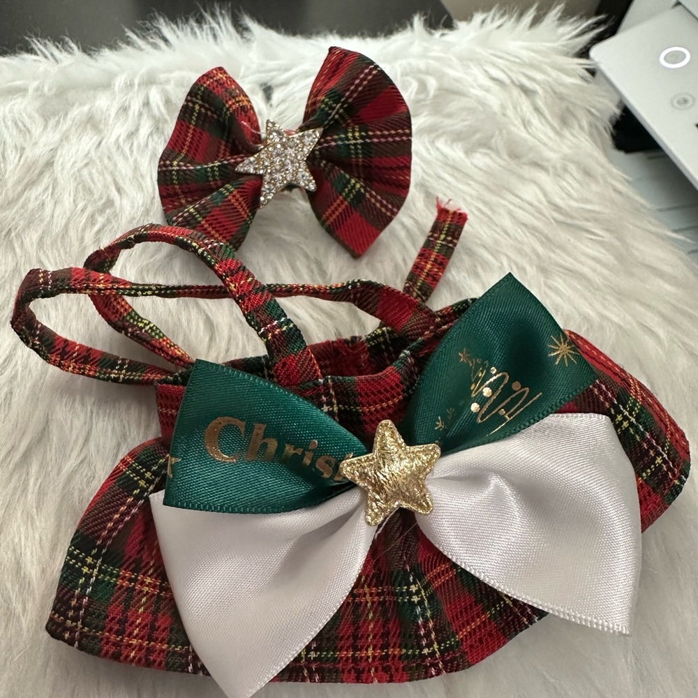 Festive Plaid Labubu’s Dress/ Bow Set